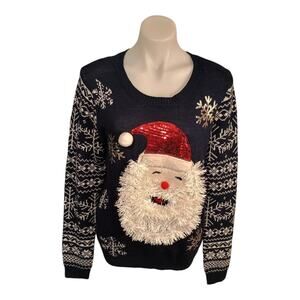 No Boundaries Christmas Ugly Sweater Navy Santa Claus Sequins Snow Flakes Jr XL